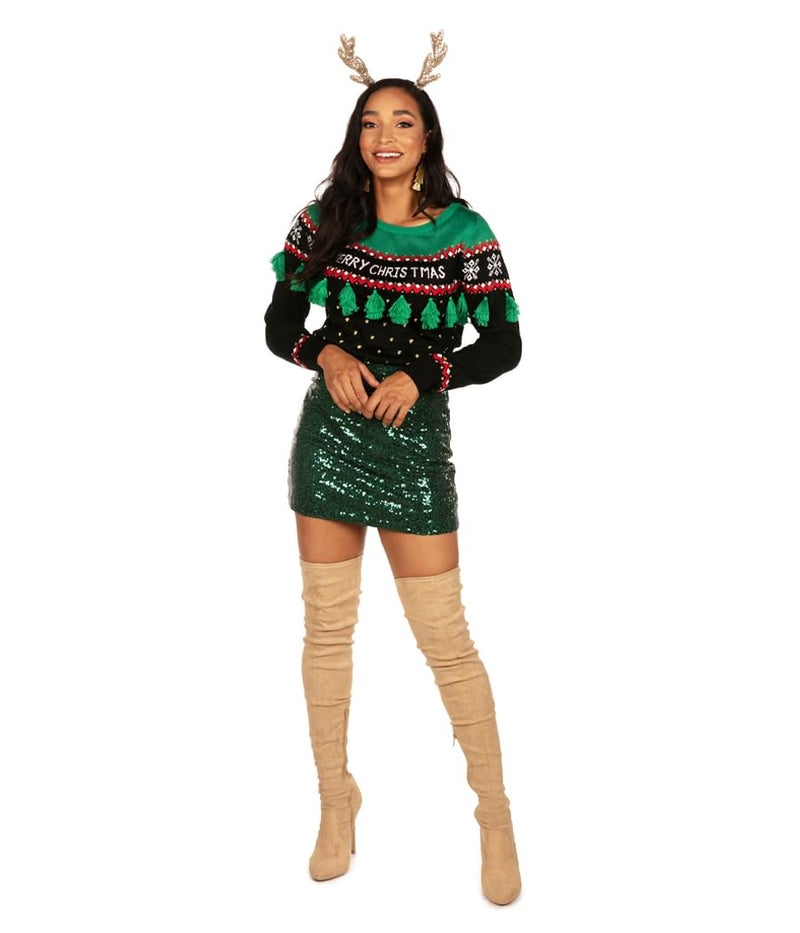 تيبسي إيلف سترة عيد الميلاد القبيحة للسيدات من Tipsy Elves بشرابة شجرة عيد الميلاد باللونين الأسود والأخضر مقاس X صغير - Image 5